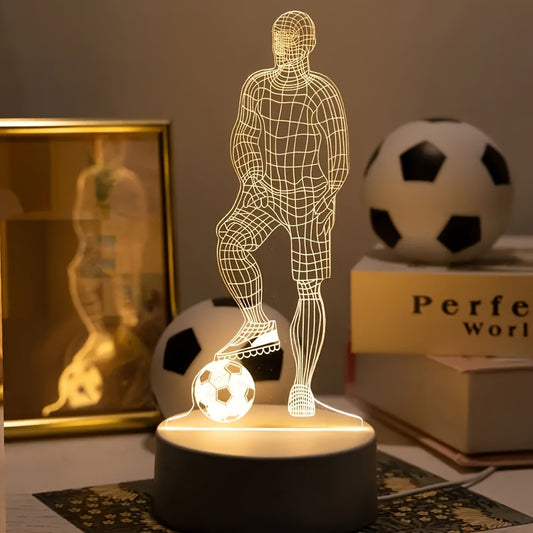 Football player-shaped table lamp with USB interface and LED night light for bedroom decoration.