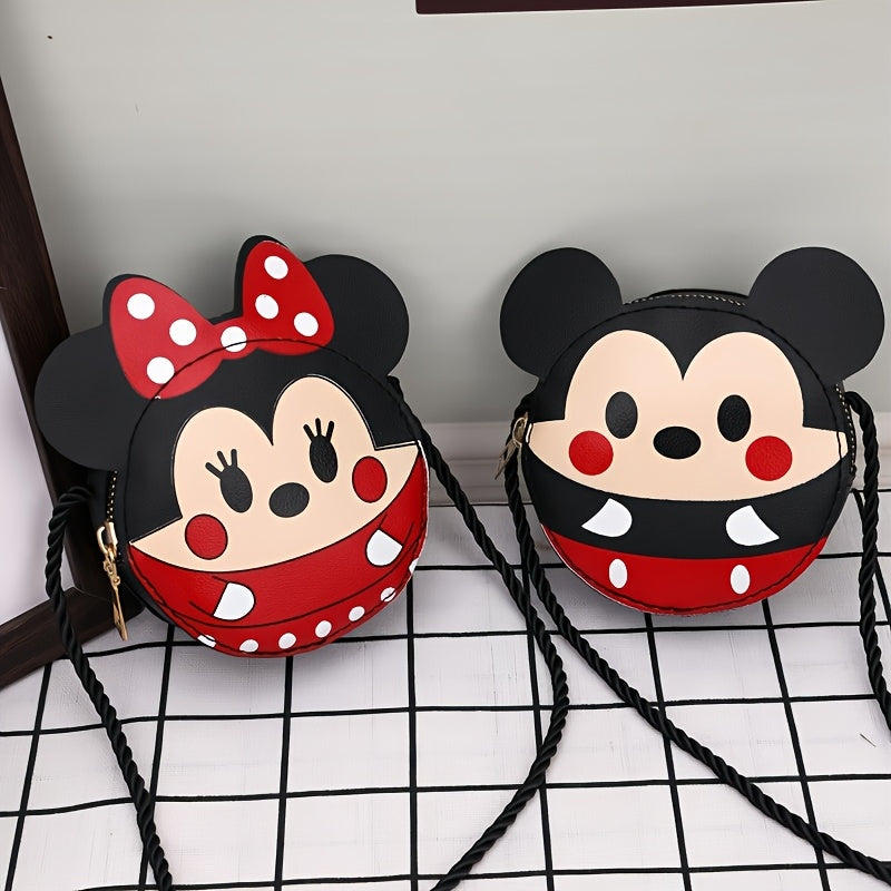 1pc Minnie Mouse cartoon crossbody bag with polka dot bow, ideal for girls & women. Large capacity in a red & black design, perfect for school or everyday use. Made from PU material.