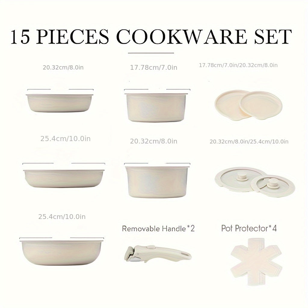 Nonstick Cookware Set with Detachable Handles - 15 Pieces, Induction Kitchen Cookware Sets Non Stick, Oven Safe Saucepan Set