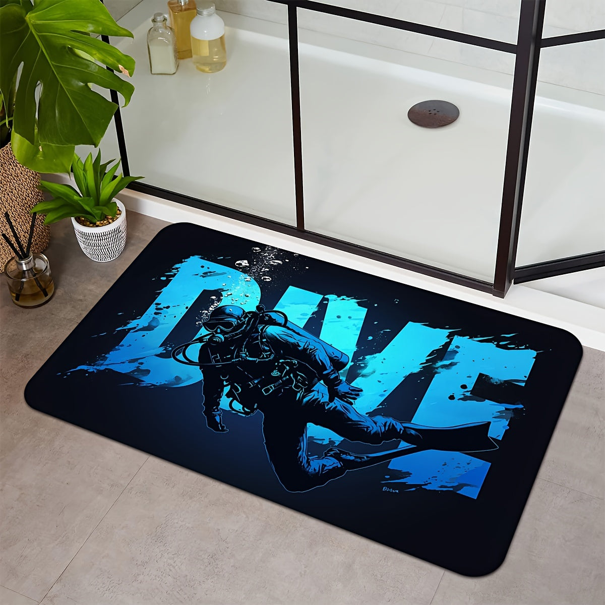 Flannel Anti-Fatigue Doormat "Diver" - 1 Piece - Absorbent, Non-Slip, Machine Washable Comfort Floor Mat with Underwater Design for Entryway, Kitchen, Living Room, Bedroom, Laundry