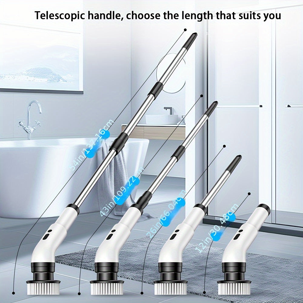 Introducing the versatile White Electric Cleaning Brush with USB Charging, Long Handle, and 2000mAh battery. Comes with 6-9 Replaceable Brush Heads for cleaning floors, walls, outdoor areas, and bathrooms.