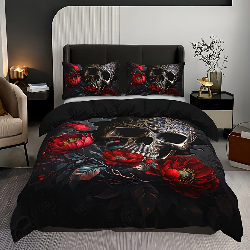 Gothic Skull Floral Duvet Cover Set - 3 Pieces (1 Duvet Cover + 2 Pillowcases, Pillow Inserts Not Included). Soft and Breathable HD Printed Bedding Set for Home and Dorm Decoration, Perfect for Halloween.