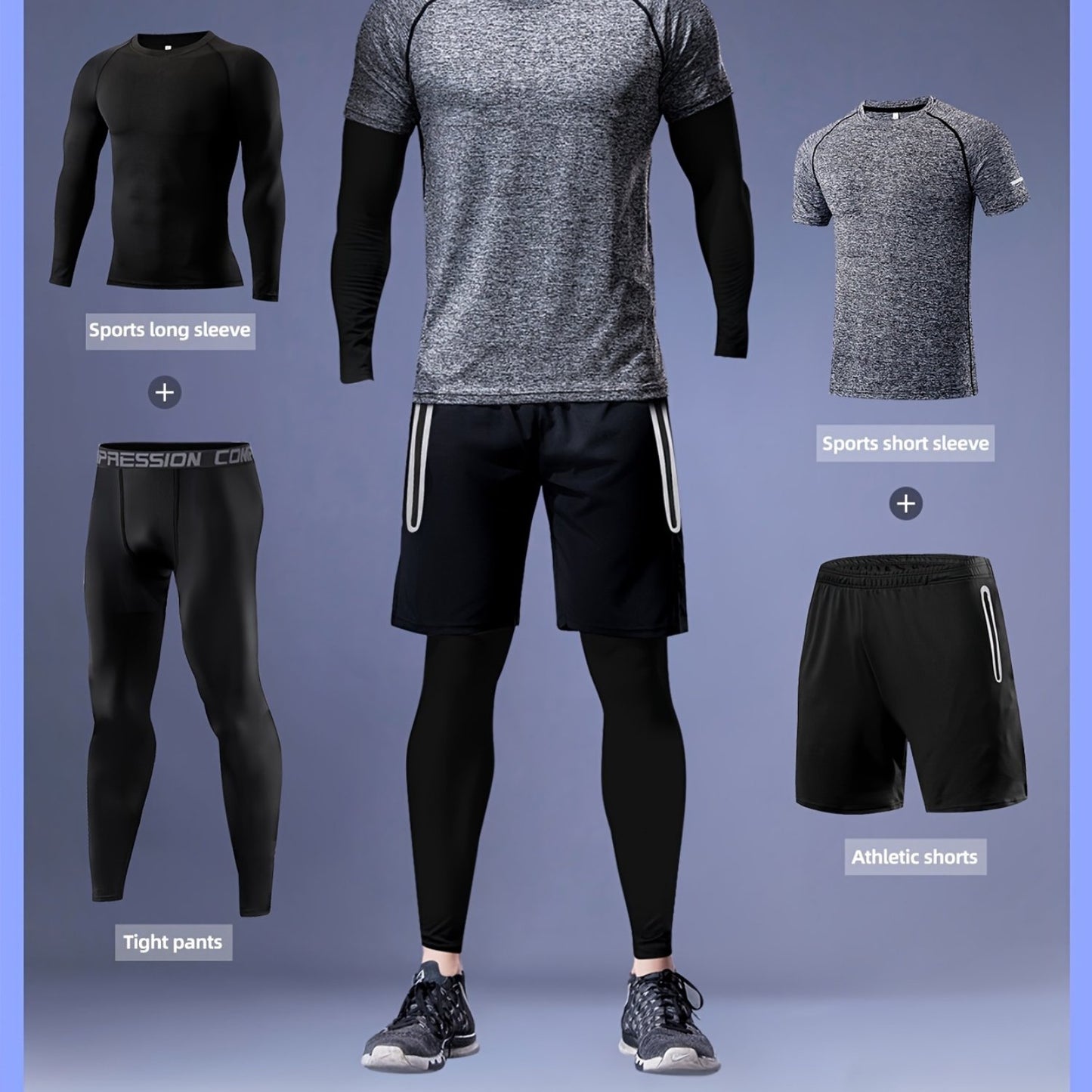 Gengyuan offers a 4-piece men's set for autumn basketball training and fitness activities, including long-sleeve tops, t-shirts, tight pants, and quick-dry sports shorts.