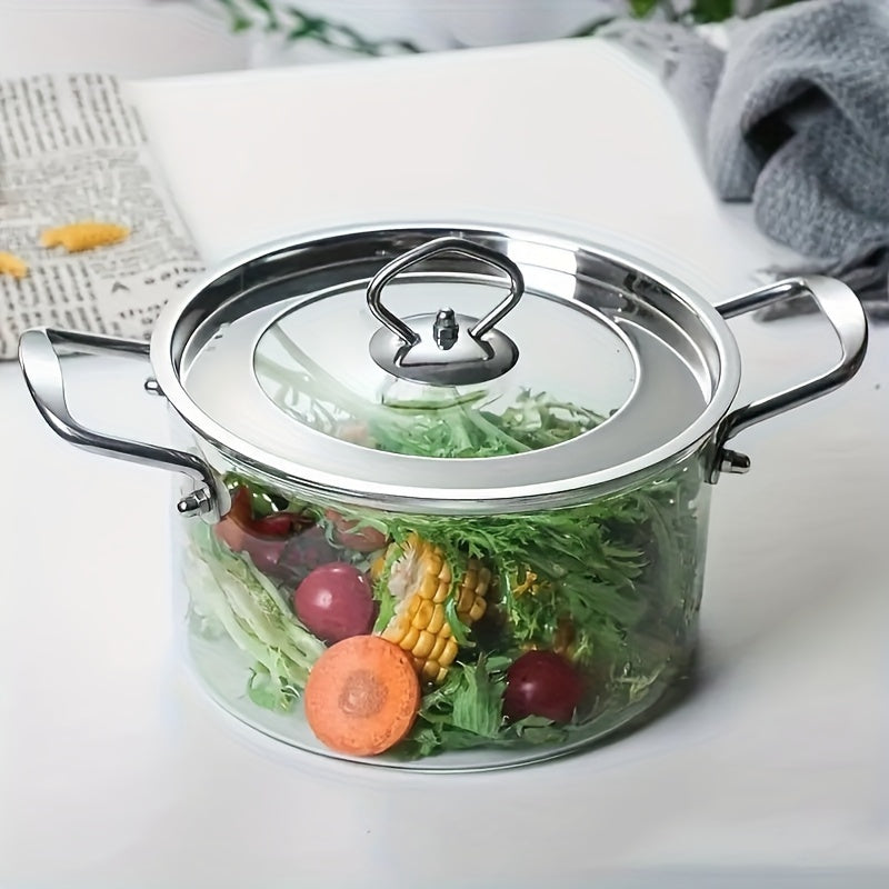 One piece of large-capacity high-boron-silicon glass soup pot with double ears and lid, featuring a stainless steel handle. Suitable for use on household electric ceramic stoves for heating and cooking various dishes such as noodles and stews.