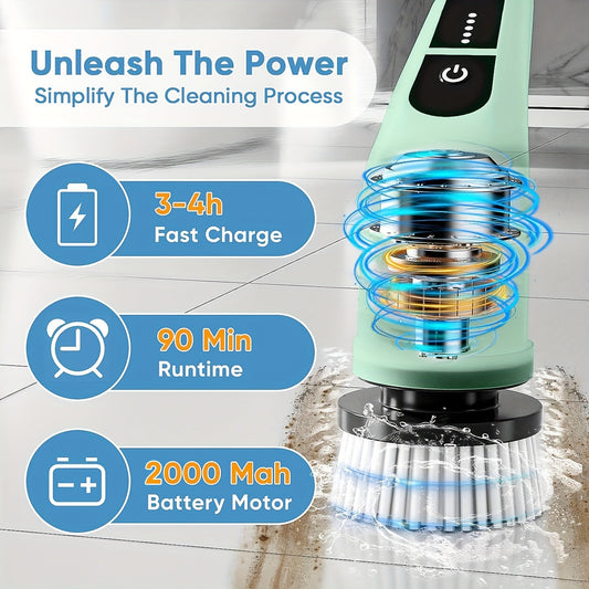 The Electric Spin Scrubber is a cordless cleaning brush that features dual-speed settings, an adjustable and detachable handle, and comes with 7 replacement heads. It is powered by a USB rechargeable 2000mAh lithium battery, making it perfect for