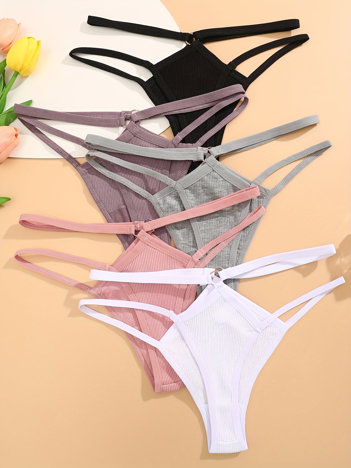 5 solid ribbed ring thongs, comfy, breathable, stretchy intimates for women.