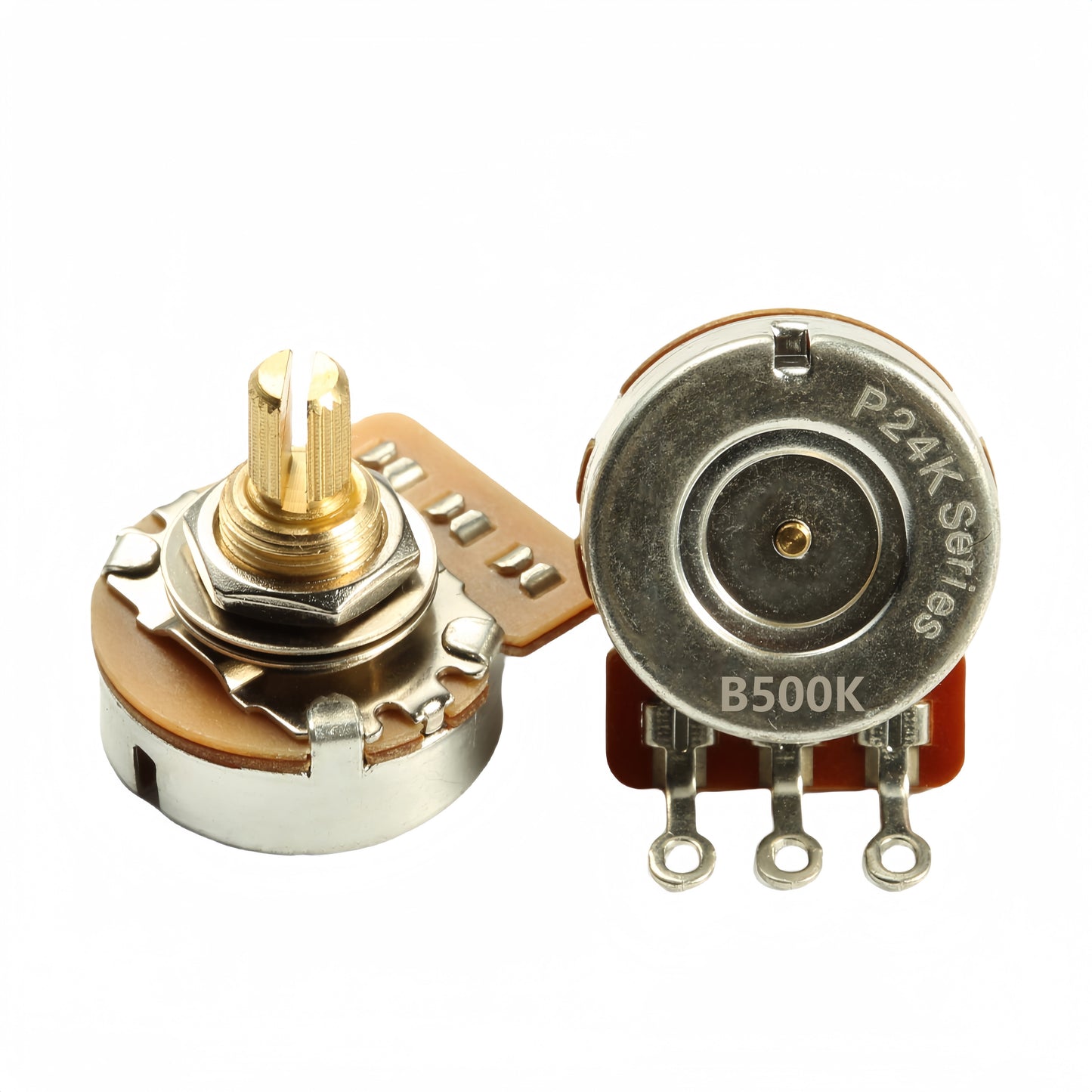 Two Brass Guitar Potentiometers - 3/8" Short Shaft, 15.5mm, 250k/500k Options for Electric & Bass Guitars, Low Noise, Smooth Performance, 24-tooth Copper Bass