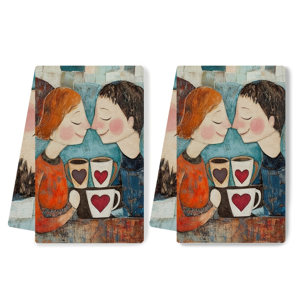 Enjoy the cozy charm of these two ultra-soft kitchen towels, adorned with a delightful design of two people sharing a coffee shop moment. With heart-printed mugs in hand, they smile warmly at each other, creating a festive and inviting atmosphere. These