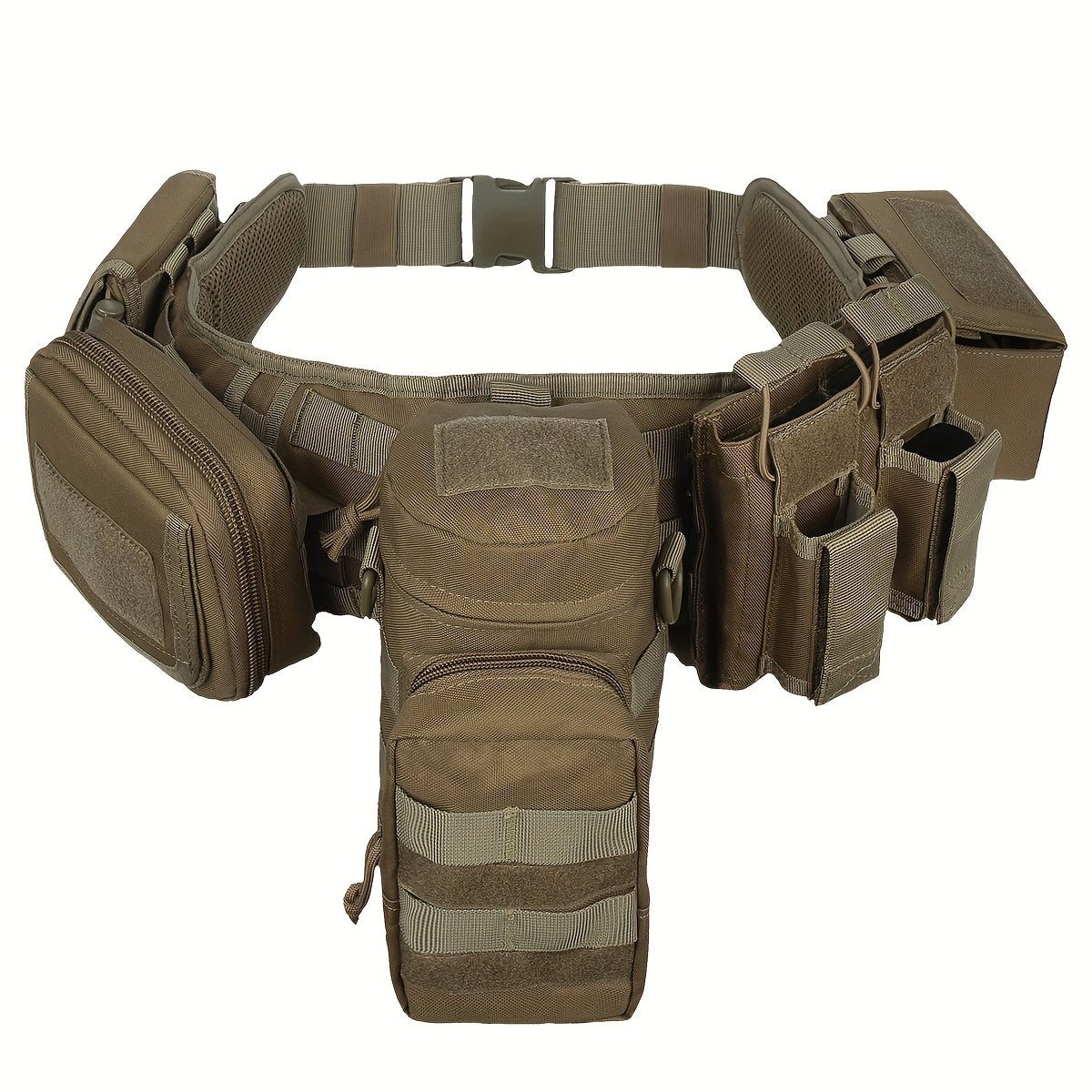 BOMTURN Tactical Utility Belt Set with MOLLE System includes 7 pieces of camouflaged polyester gear suitable for hunting and fishing.