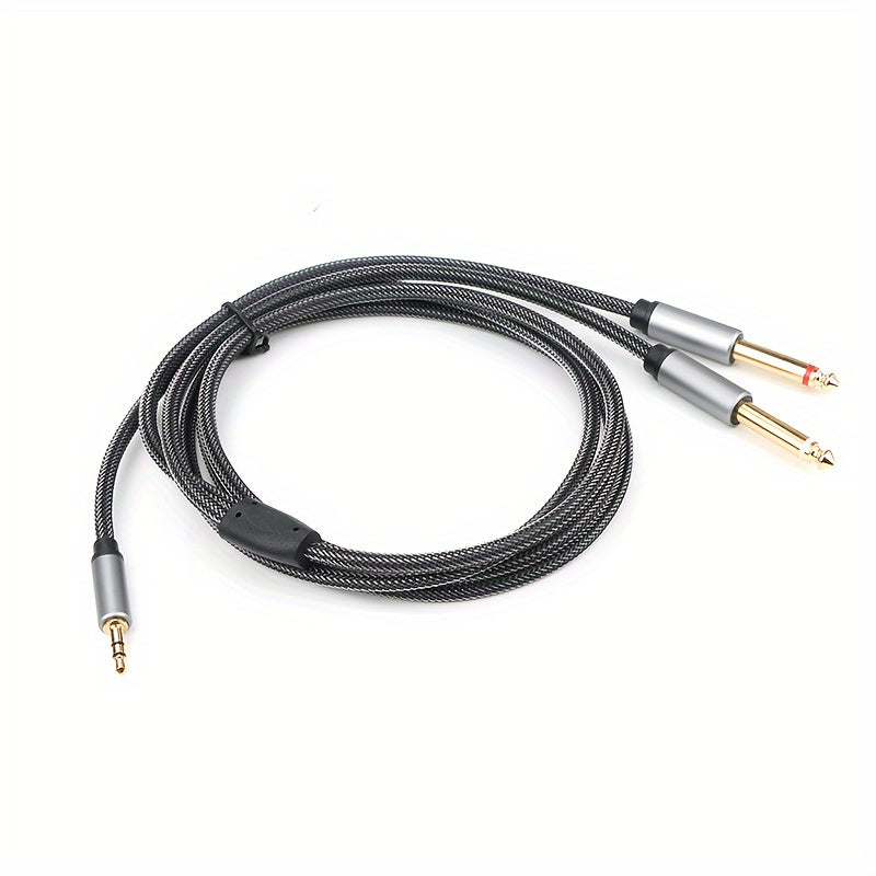 3.5mm to 6.35mm 2-in-1 audio cable with nylon mesh aluminum alloy construction. High-fidelity sound quality for PC, phone, tablet, and MP3 with 3.5mm jack; speaker, guitar, microphone