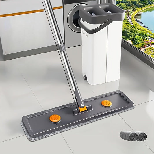 Flat Mop Set with Hands-Free Washing: Clip-on Mop and Bucket for Wet and Dry Cleaning of Tiles, Marble, Wood Floors, and Glass Surfaces