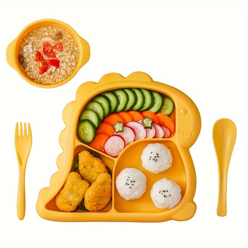 Children's dinnerware set shaped like dinosaurs - made of BPA-free plastic includes plate, bowl, fork, and spoon.