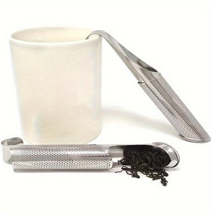 Tea lovers can enjoy brewing their favorite blend with this stainless steel tea maker set which includes a hanging tea pipe, funnel, strainer, spoon, and handle.