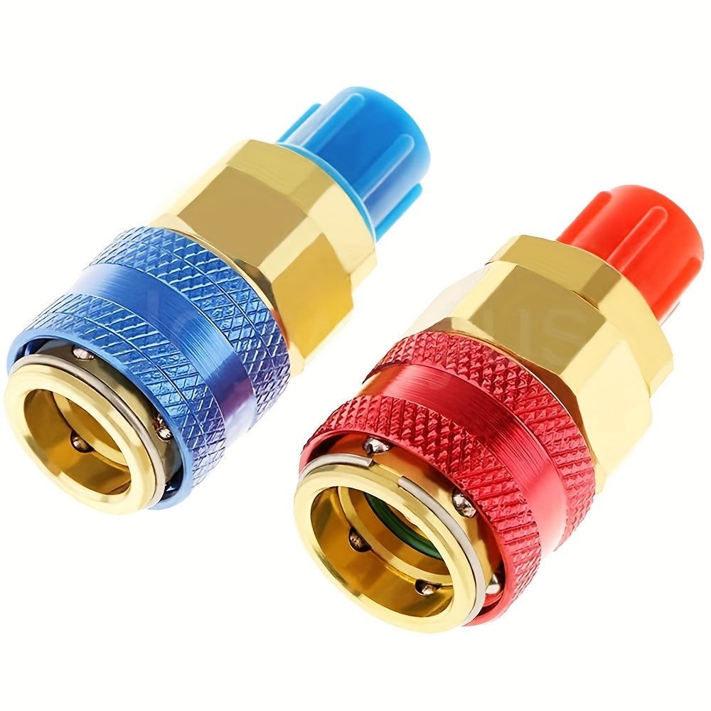 2 pieces of AC R134A quick coupler connector adapters with high and low manifold fittings. These brass adapters are suitable for air conditioning refrigerant systems.