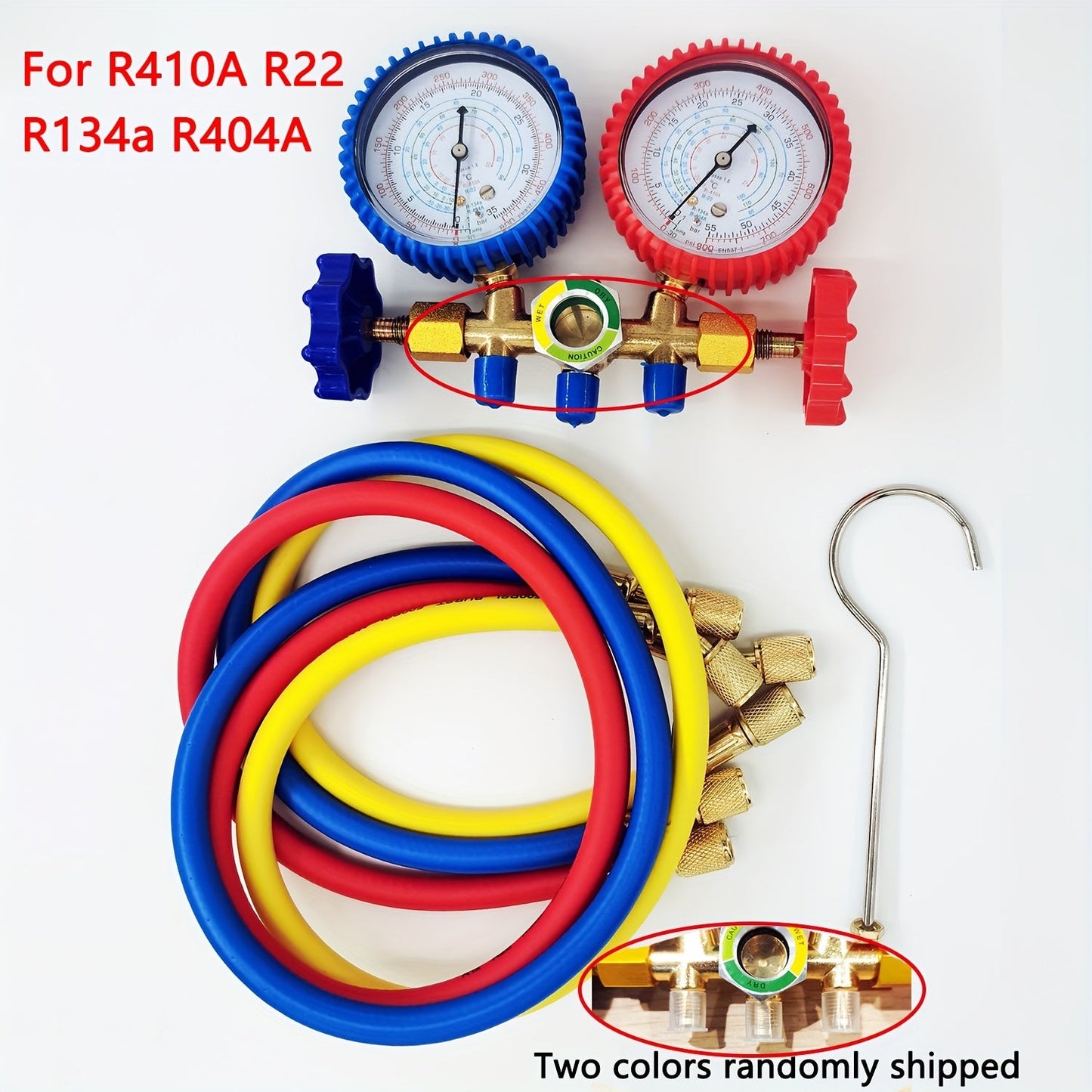 HVAC and Refrigeration Manifold Gauge Set with Hoses and Hook, Made from Metal and Plastic, Compatible with R410A, R404A, R134A, R22 Refrigerants. Ideal for Automotive and Home Air Conditioning Charging, No Power Needed.