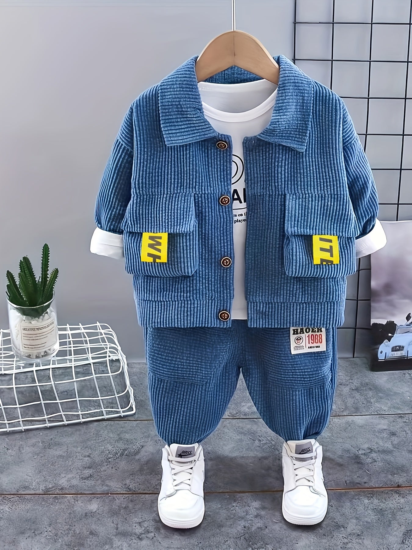 Boys' 3-piece outfit set includes white t-shirt, corduroy casual top, jogger pants with blazer jacket. Made of cotton blend fabric, ideal for spring/autumn outdoor activities.