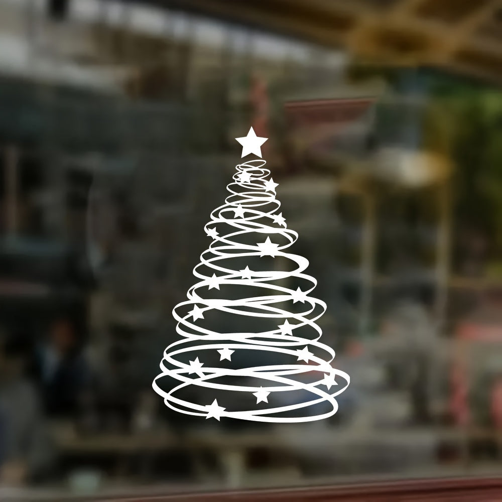 Glass sticker for Christmas tree design with a rustic cartoon look, made of 7mil PVC material with self-adhesive backing. This sticker is reusable and has a matte finish. It is rectangular in shape and perfect for decorating windows and doors in your