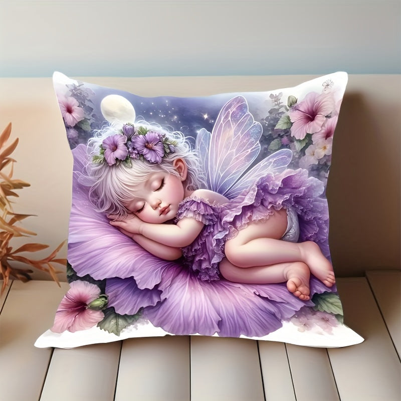 Angel girl plush pillowcase with fairy tale design featuring a sleeping fairy, floral motifs, and starry night sky. Ideal for bedroom or living room decor. Does not include pillow insert. Mystical and soft.