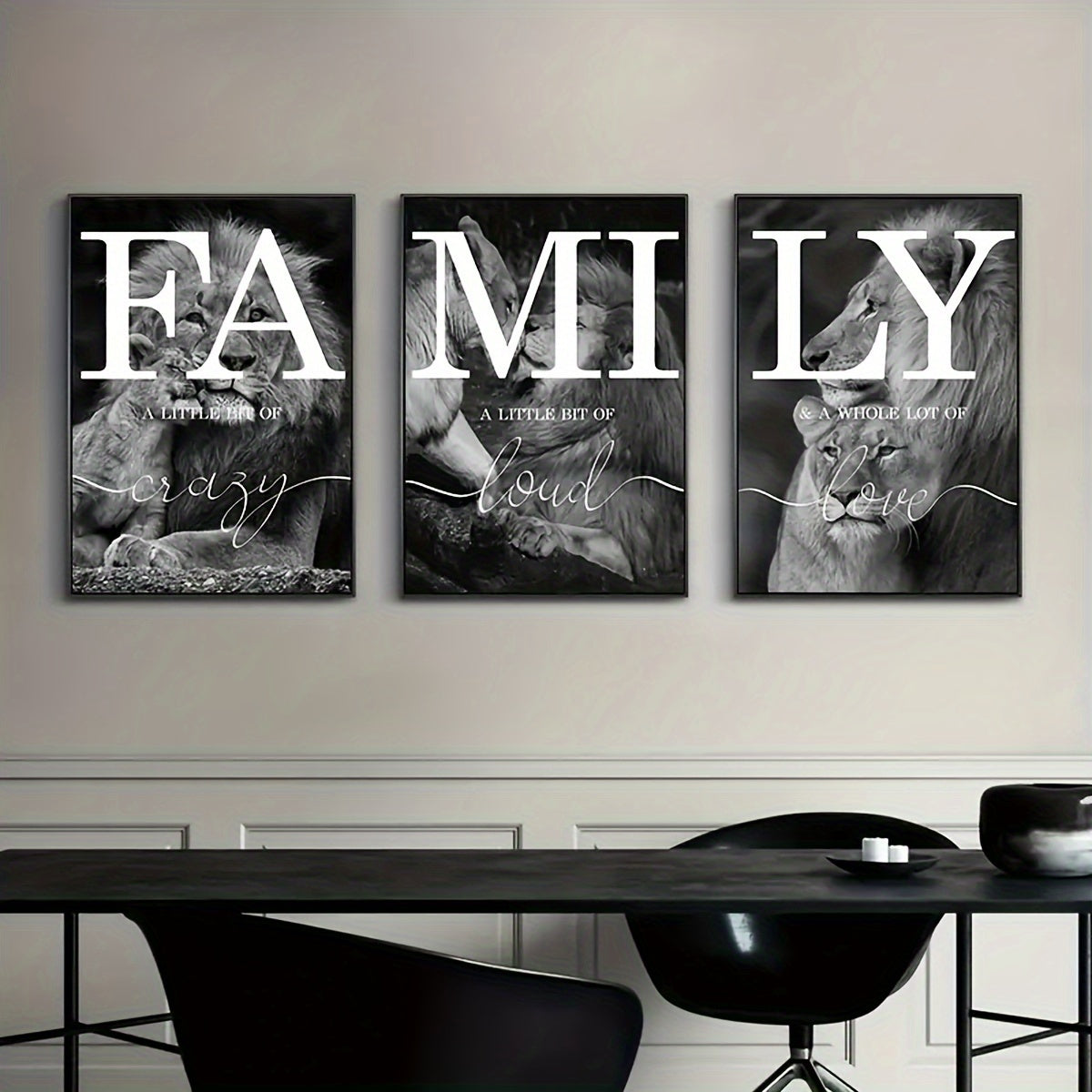 Unframed canvas poster featuring modern black and white lion family quote. Perfect gift for any room, ideal for winter decor and room decoration.