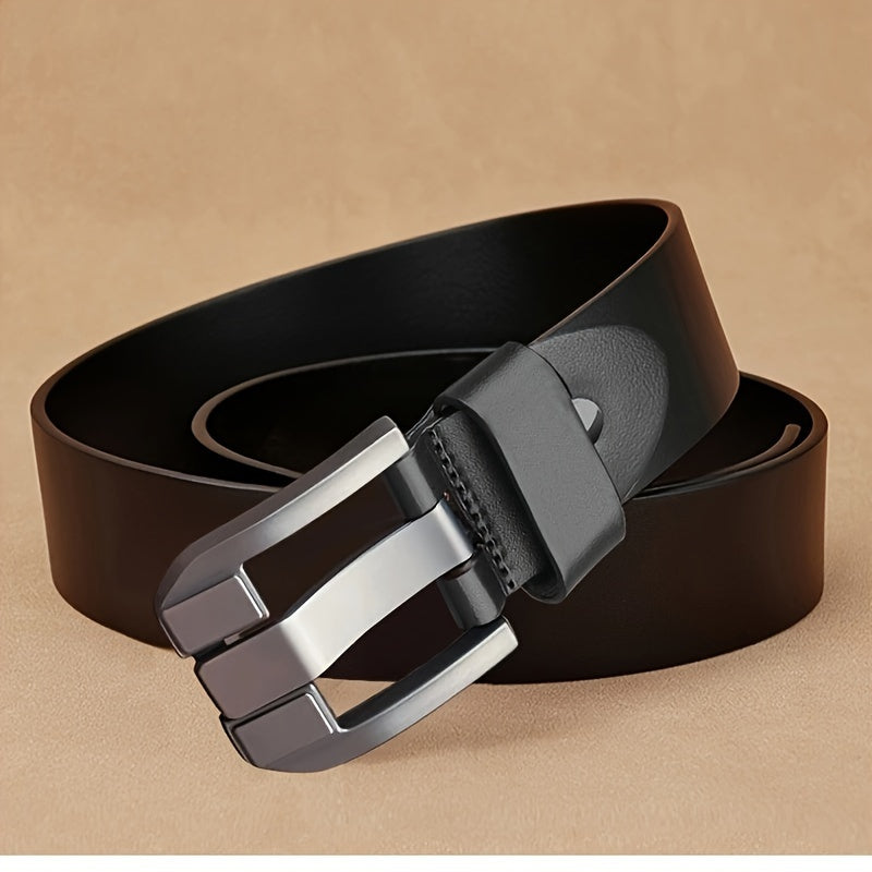 Black PU leather belt with square alloy buckle for casual and business attire.