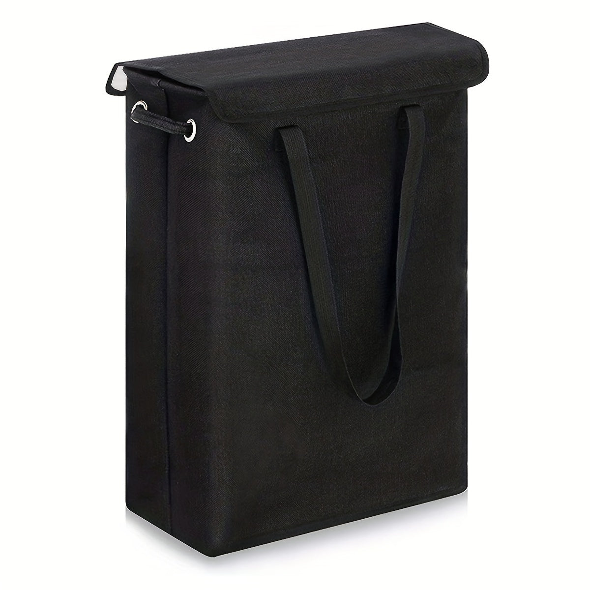 Tall, slim laundry hamper with lid and handles for bathroom, bedroom, or dorm organization. Made of waterproof linen fabric.