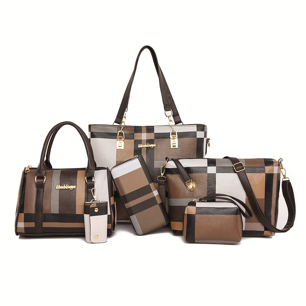 Checkered 6-piece fashion handbag set includes faux leather tote, crossbody, and shoulder bags with a simple versatile design for women.