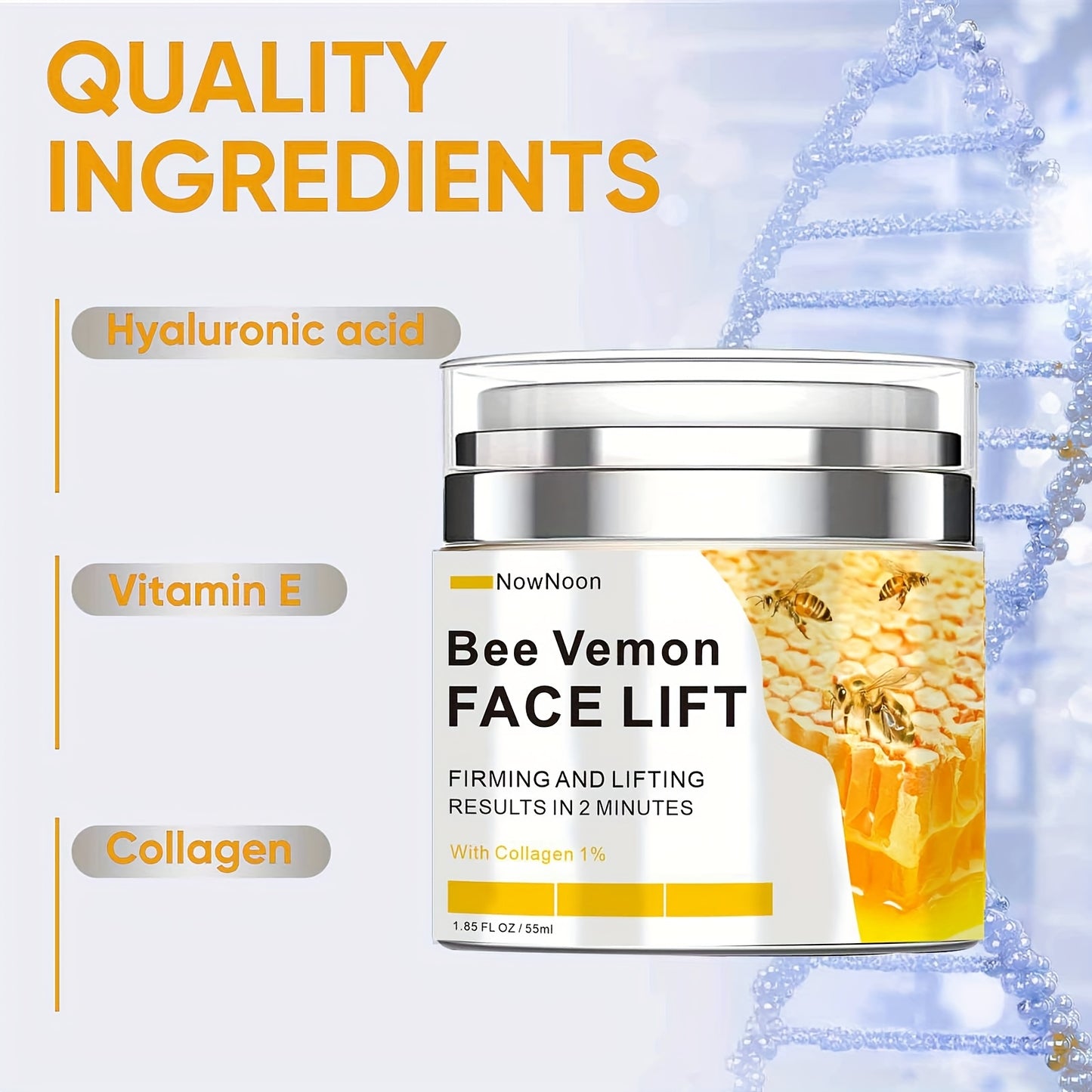 NowNoon Bee Vemon Instant Face Lift Cream - 1.85 fl. Oz tightens, firms, and smooths skin with alcohol-free formula including Hyaluronic Acid for all skin types.