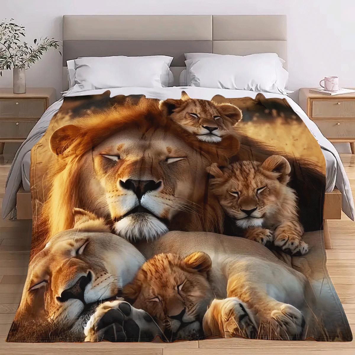 Get cozy with this vintage Lion Family print flannel throw blanket. Made from knitted polyester, this lightweight blanket features a digital print animal theme. With a fabric weight of 200-250g, it's perfect for any season and ideal for use on your sofa