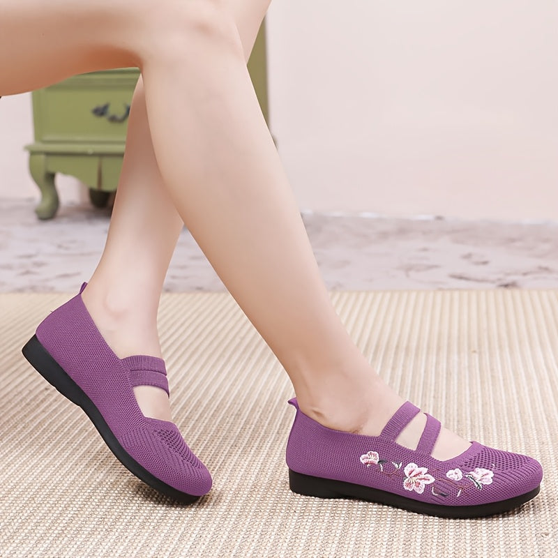 2024 Women's Summer Casual Knit Flats in Purple & Red with Soft Sole & Embroidered Floral Design, Lightweight & Comfortable Textile Footwear