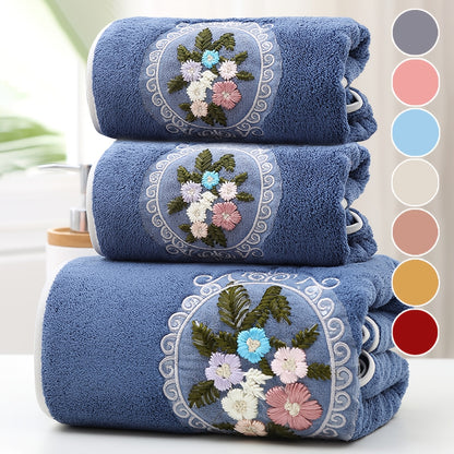 WF gauze flower 2 cents + 1 bath / 3pcs set Coral velvet embroidery towels (2 35*75cm, 1 70*140cm) soft, absorbent, quick-drying bathroom essentials for children and adults, skin-friendly