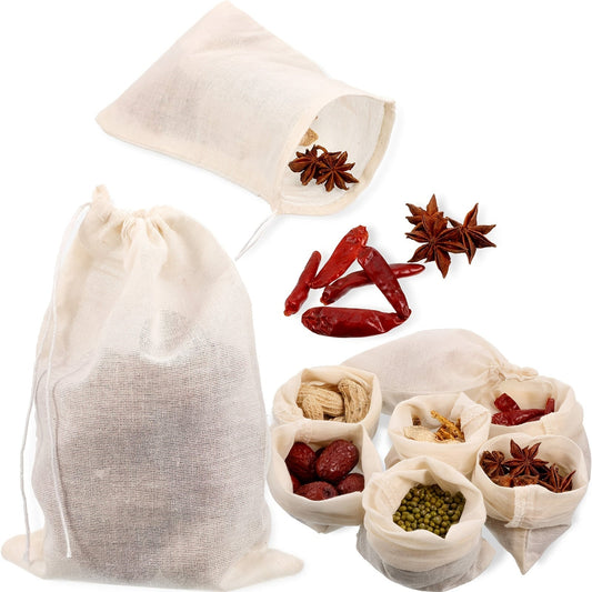 Set of 10 Reusable Drawstring Soup Bags made with Natural Muslin Material, Unbleached for Natural Spice/Tea/Herb Infusions