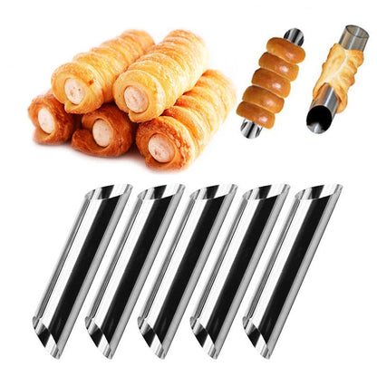 Set of 5 Stainless Steel Cream Horn Molds for Making Cannolis, Non-Stick Pastry Filling Tubes for Danish Pastries, Perfect for Croissant Shells, Cream Rolls, Puffs, and Waffle Cones. Essential Baking Supplies and Kitchen Gadgets.