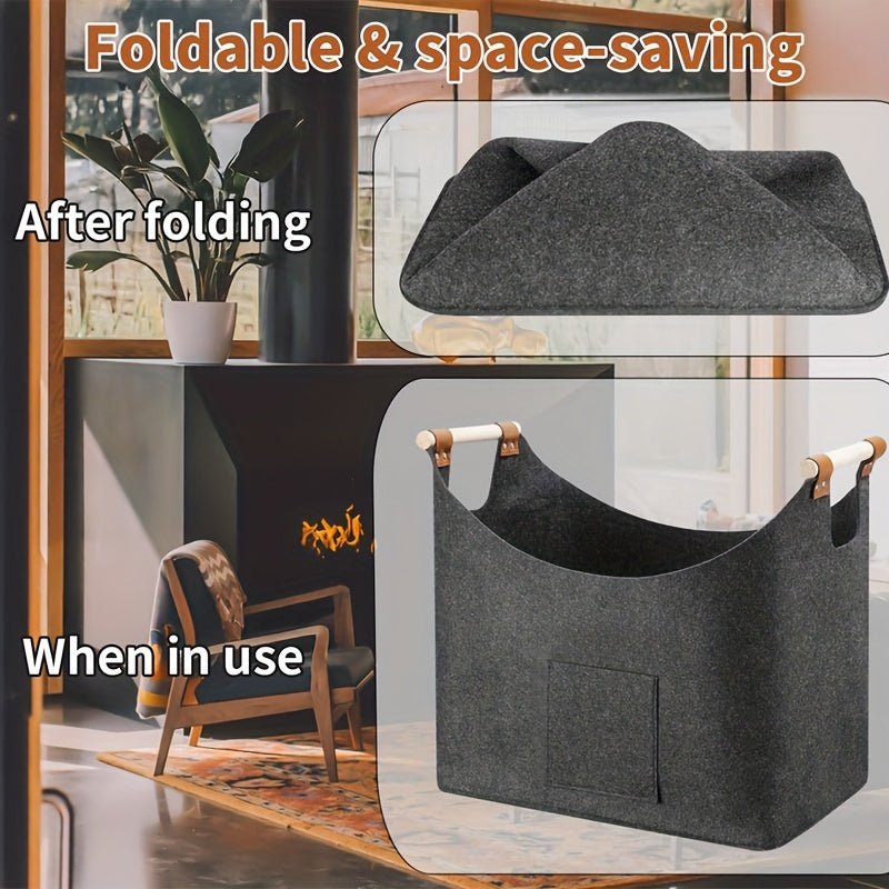 Large Dark Grey Felt Log Basket with Handles, Foldable Firewood Storage Tote for Fireplace, Space-Saving Fire Pit Accessory, Newspaper and Wood Carrier - Dimensions 50cm x 32cm x 40cm