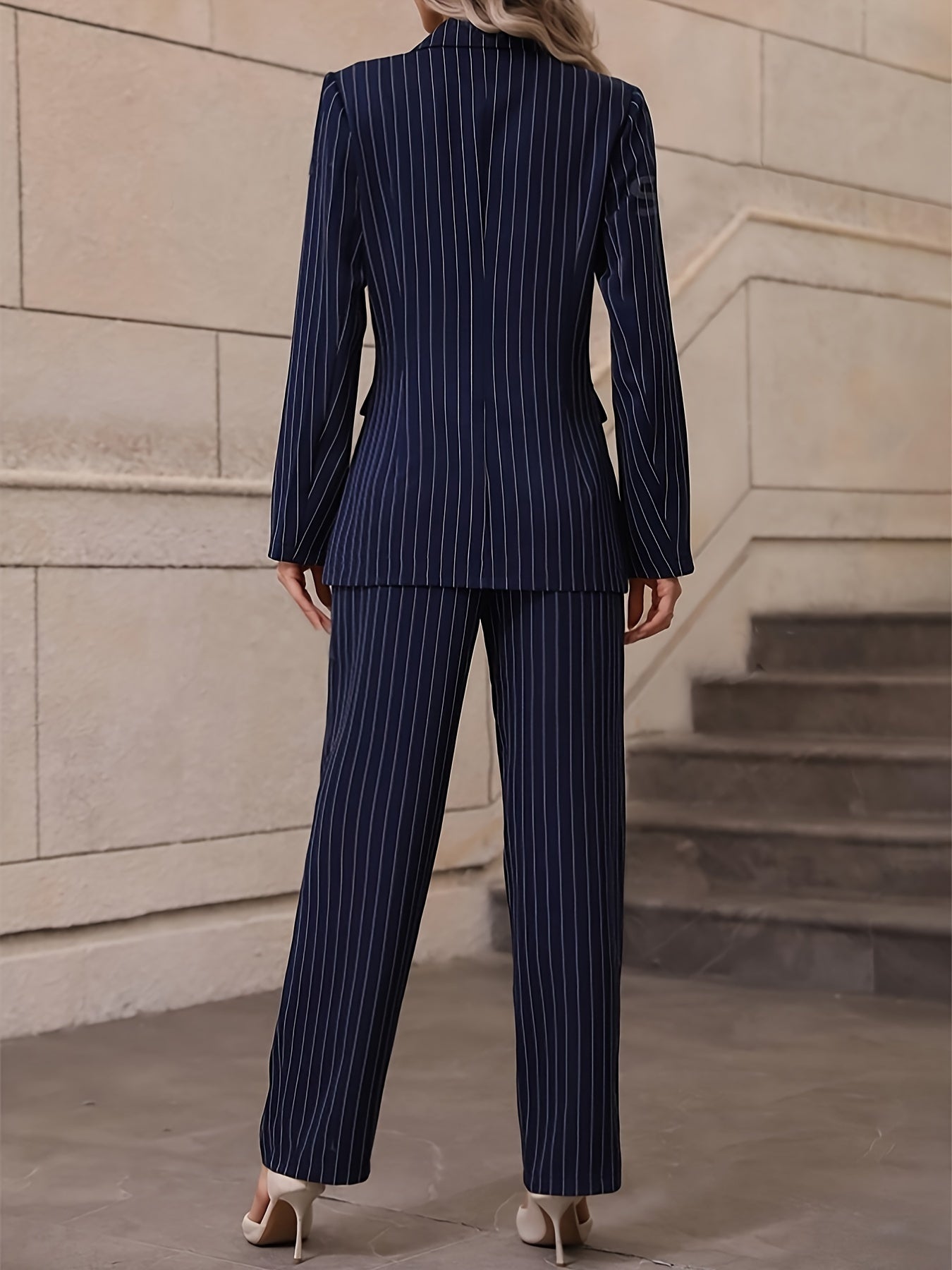 Polished Polyester Pinstripe Women's Suit Set with Long Sleeve Jacket and Trousers, Includes Blazer and Matching Pants