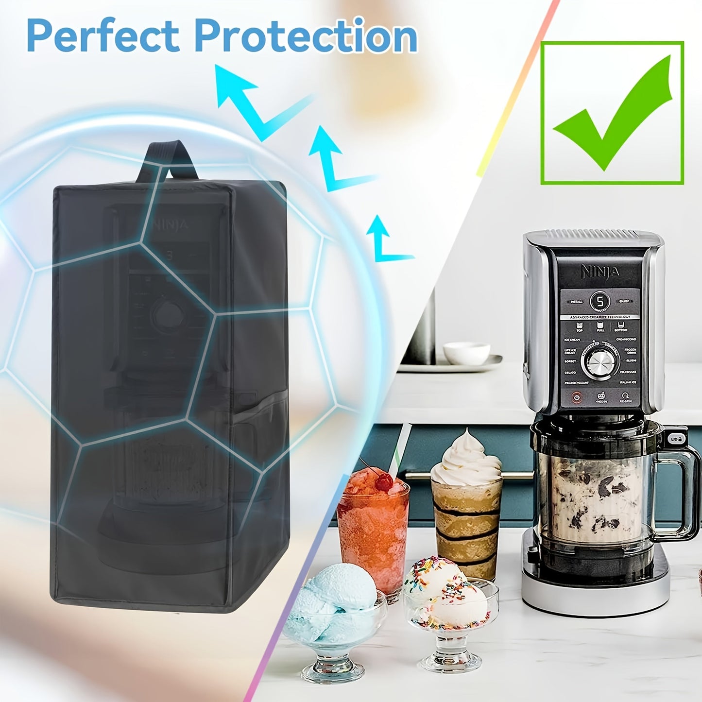 Protect your Ninja NC301 & NC299 ice cream maker with this durable, waterproof cover made from easy-to-clean Oxford fabric. Featuring a side pocket for accessories, this black and grey cover is perfect for keeping your frozen desserts machine dust-free.