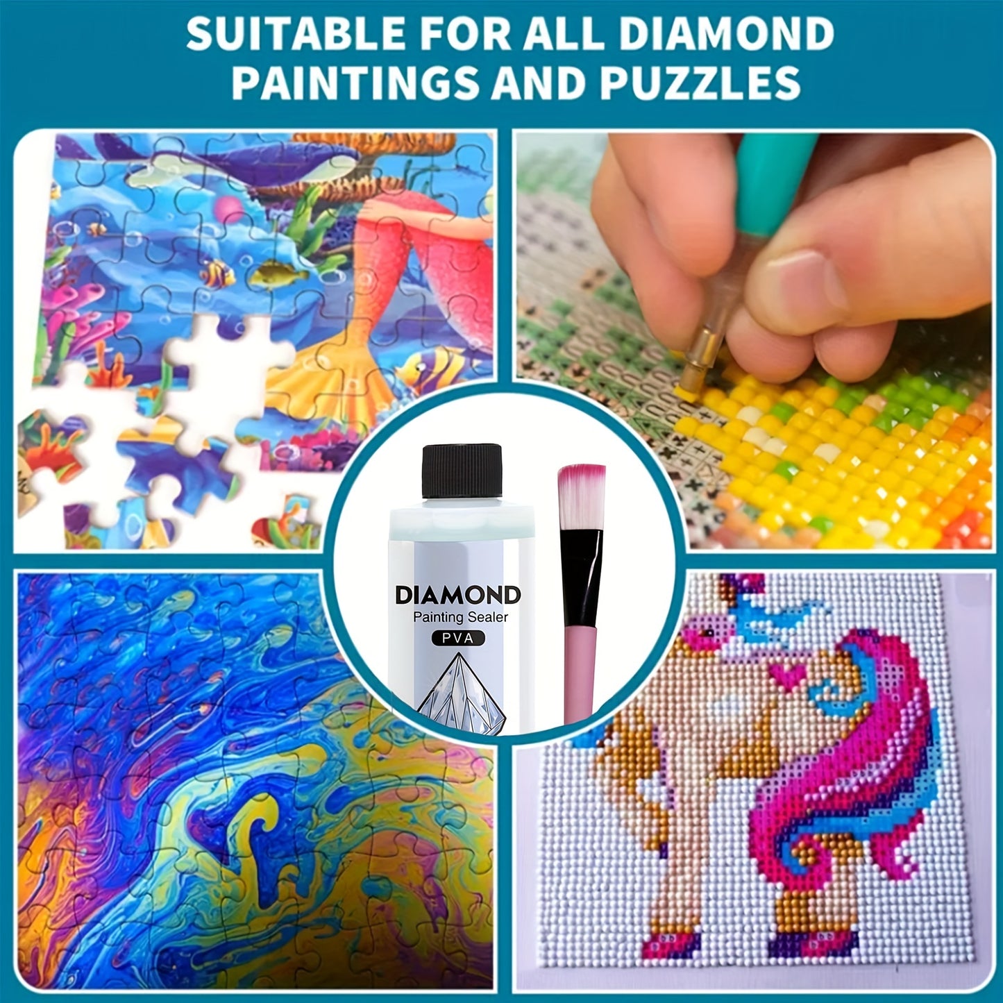 Diamond painting sealer with 3 brushes for permanent hold & shine effect on 5D diamond painting and puzzles, available in 60ml or 200ml.