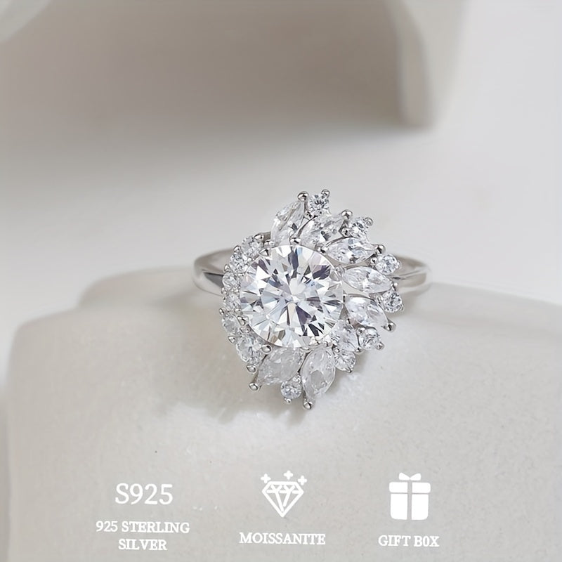 Luxurious Valentine's Day Wedding Engagement Gift - Beautiful and Hypoallergenic 925 Sterling Silver 2ct Edge Flower Ring for Her, Includes Moissanite Certificate and Elegant Gift Box