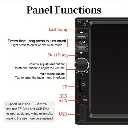 7-inch touchscreen car MP5 multimedia player with FM radio, aux, USB, wireless, MirrorLink for smartphones. Optional rear view camera & steering wheel control. Ideal for back-to-school.