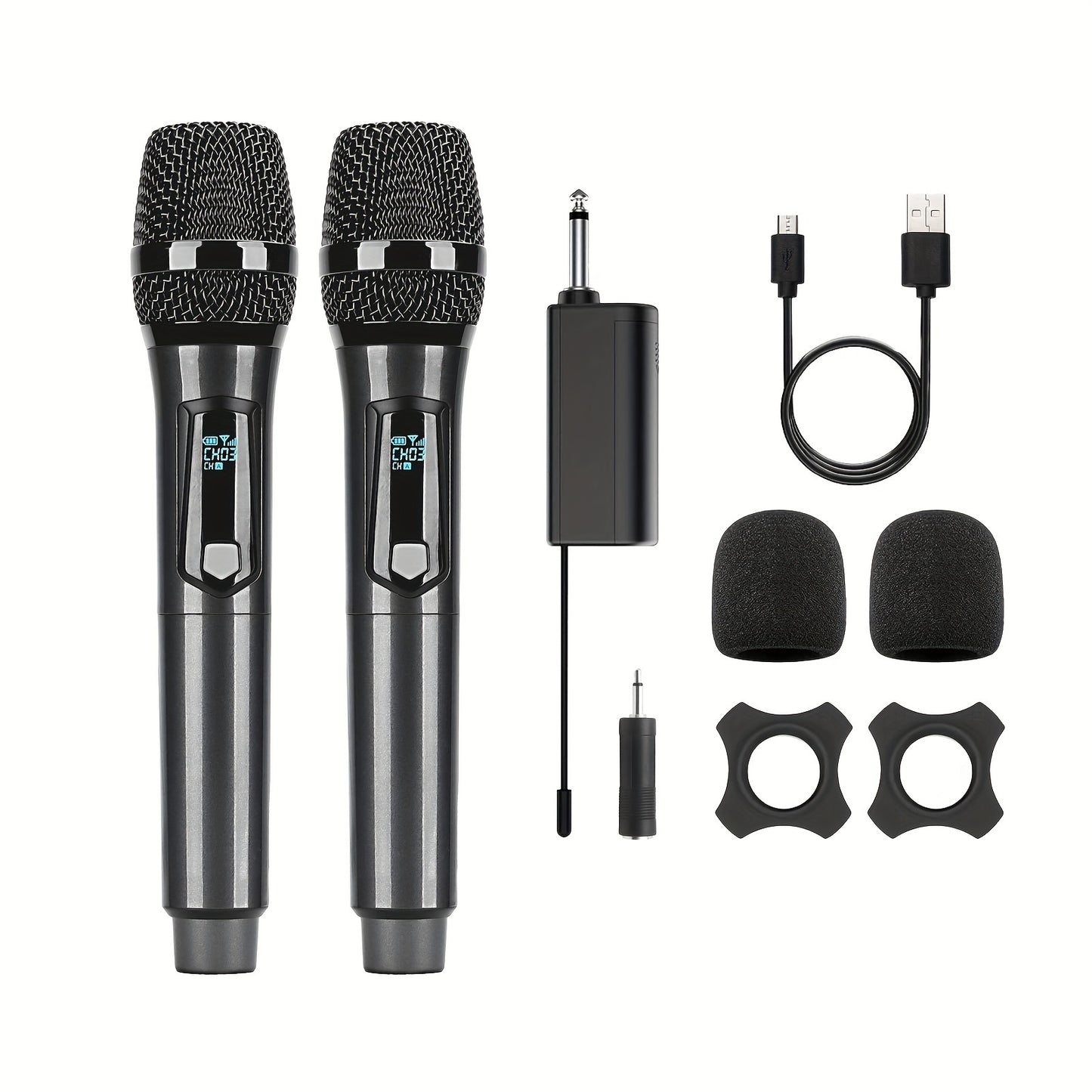 Universal wireless microphone with dual channels, rechargeable, plug-and-play, suitable for various uses such as karaoke, speeches, weddings, church services, and public address systems.