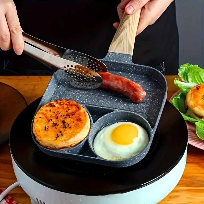 Kitchen accessory: Non-stick aluminum omelet pan with a wooden handle. Perfect for pancakes, bacon, and burgers. Hand wash only. Compatible with gas stove and induction cooker. Perfect breakfast pan.