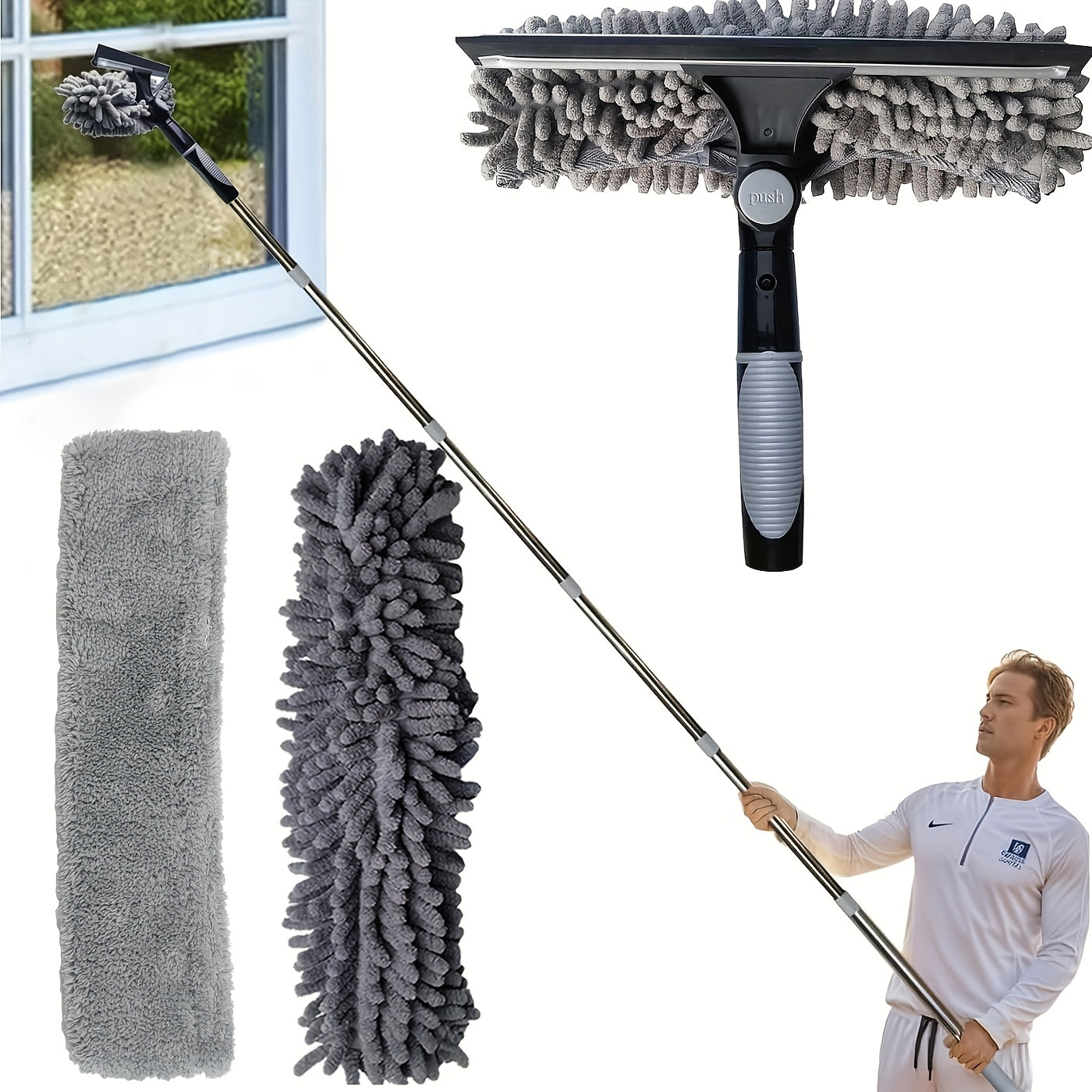 Lightweight Aluminum Rod Spider Web Duster with Retractable Design – Durable Stainless Steel Handle, Medium Brush Hardness, Ideal for Commercial Cleaning