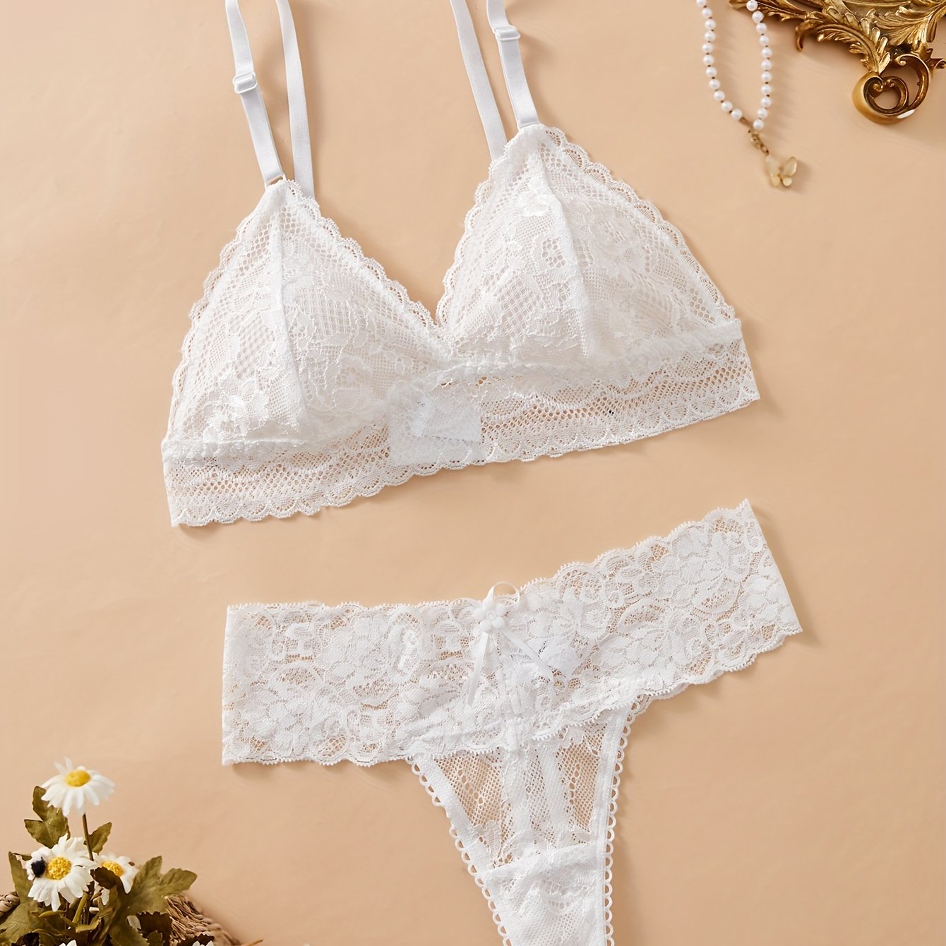 2-piece solid color lace bra and panty set crafted from seamless nylon for a mature style, featuring knit fabric, lace detail, and comfortable no-wire design.