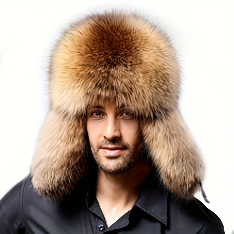 Luxurious Men's faux fur trapper hat with bomber style, fluffy fur trim, Russian ushanka design. Handwash/dry clean, polyester lining for winter comfort.