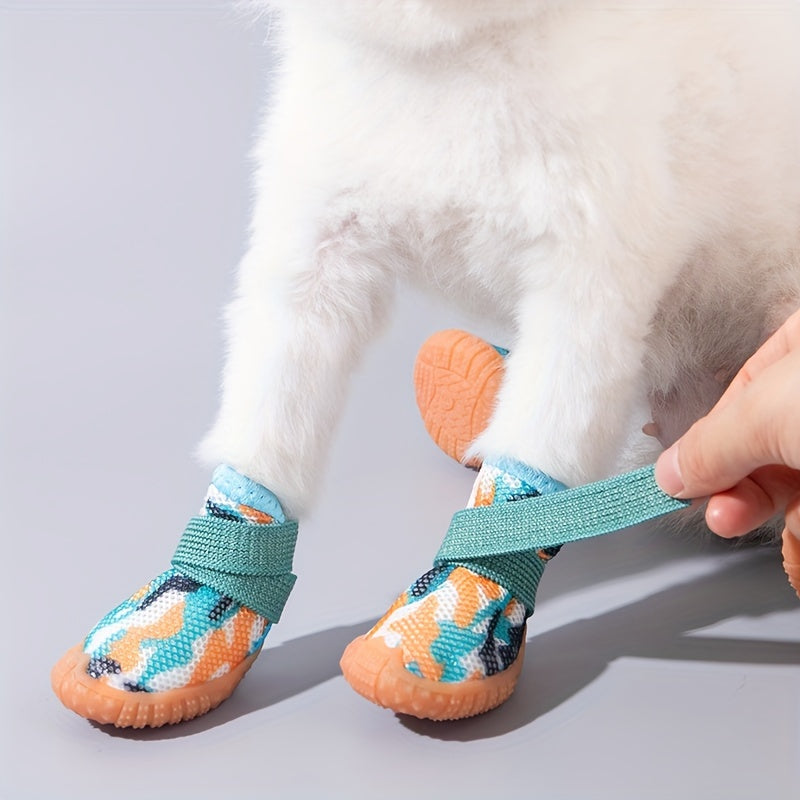 Four pairs of dog shoes suitable for all seasons, breathable, dirt-resistant, non-slip, elastic shoes for small dogs such as Pomeranians and Teddys.