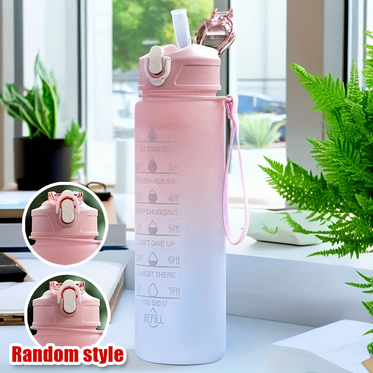 Motivational gradient water bottle with straw, time marker, and carrying strap - BPA-free, leakproof sports cup for fitness activities.