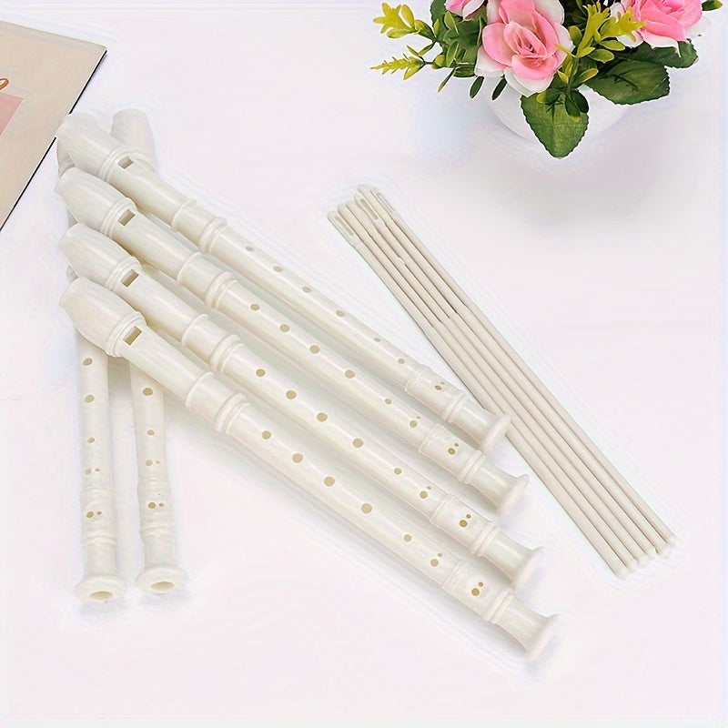 Beginner German high-pitched professional grade white plastic 8-hole flute for student practice, includes cleaning stick.