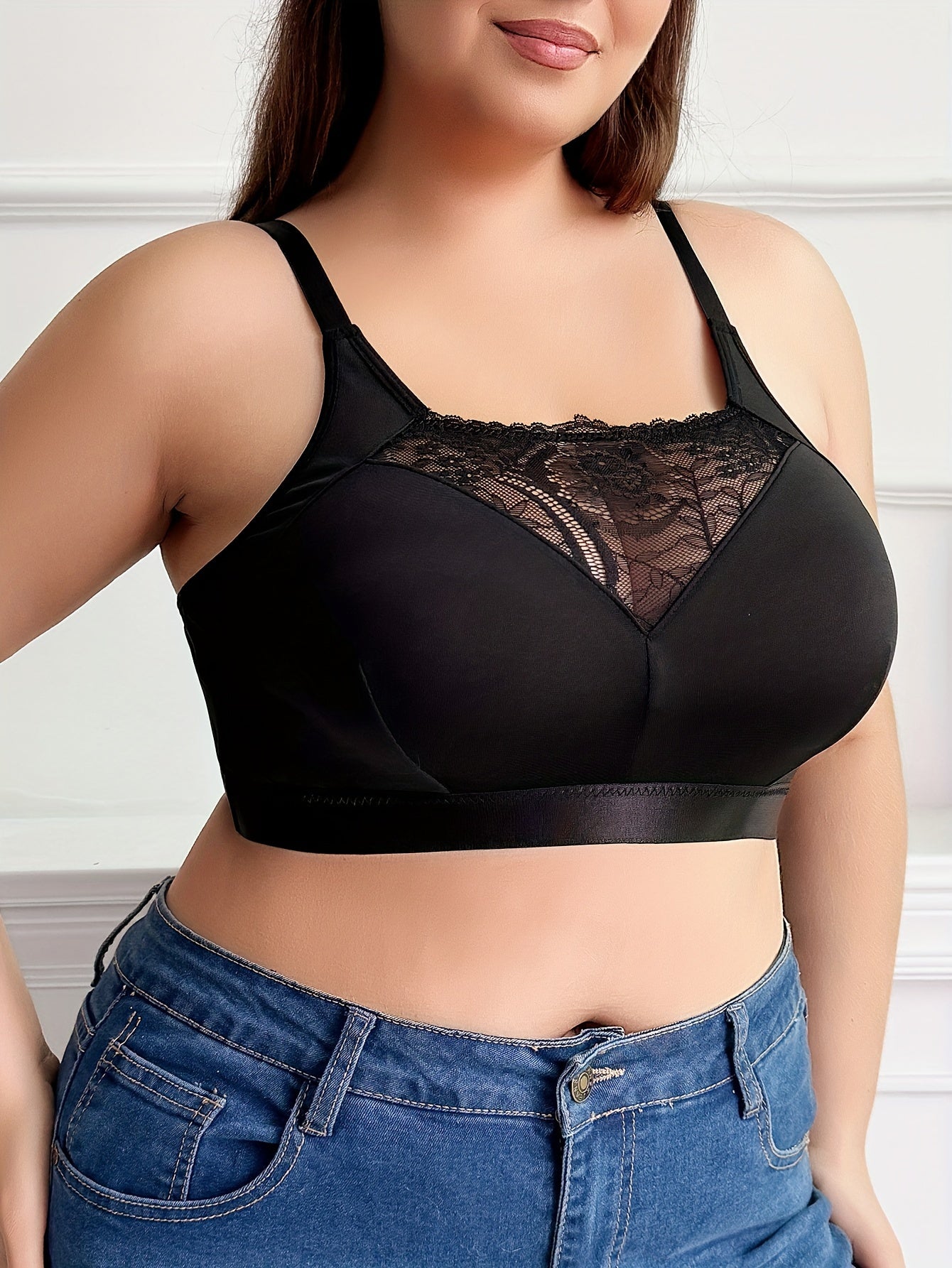 Plus Size Contrast Lace Non Padded Full Cover Bralette for Women's Plus