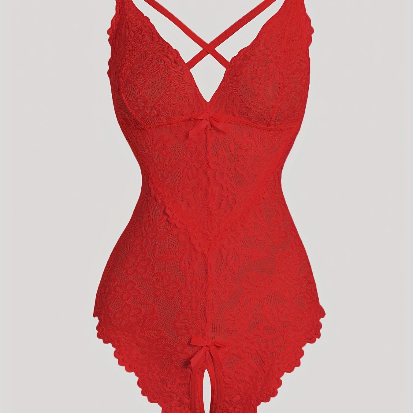 Adult size lace bodysuit made of polyester knit fabric with hollow-out detailing, no padding or belt.