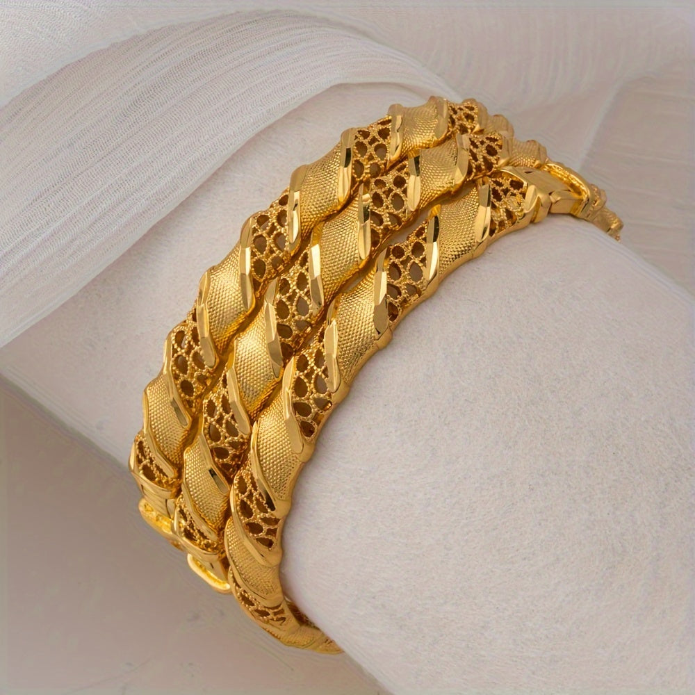 Luxurious Classic Design 24K Gold Plated Copper Cuff Bracelet - Adjustable Open Bangle for Women, Ideal for Everyday Wear & Gift-Giving, Sophisticated Bridal Accessory without Stones, Suitable for All Seasons.