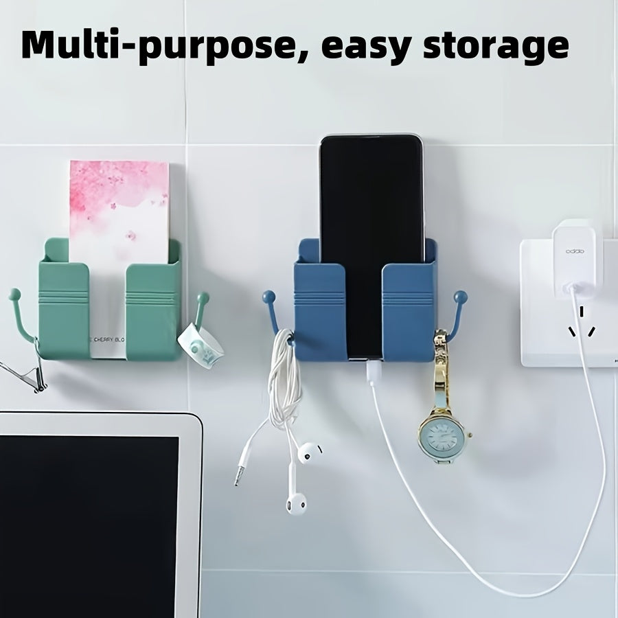 Adhesive Wall Mount Holder with Hooks for Phone Charger and Remote Organization, No-Drill Installation, Convenient Storage for Bedroom or Living Room, Made of Plastic Material, Safe for Non-Food Contact